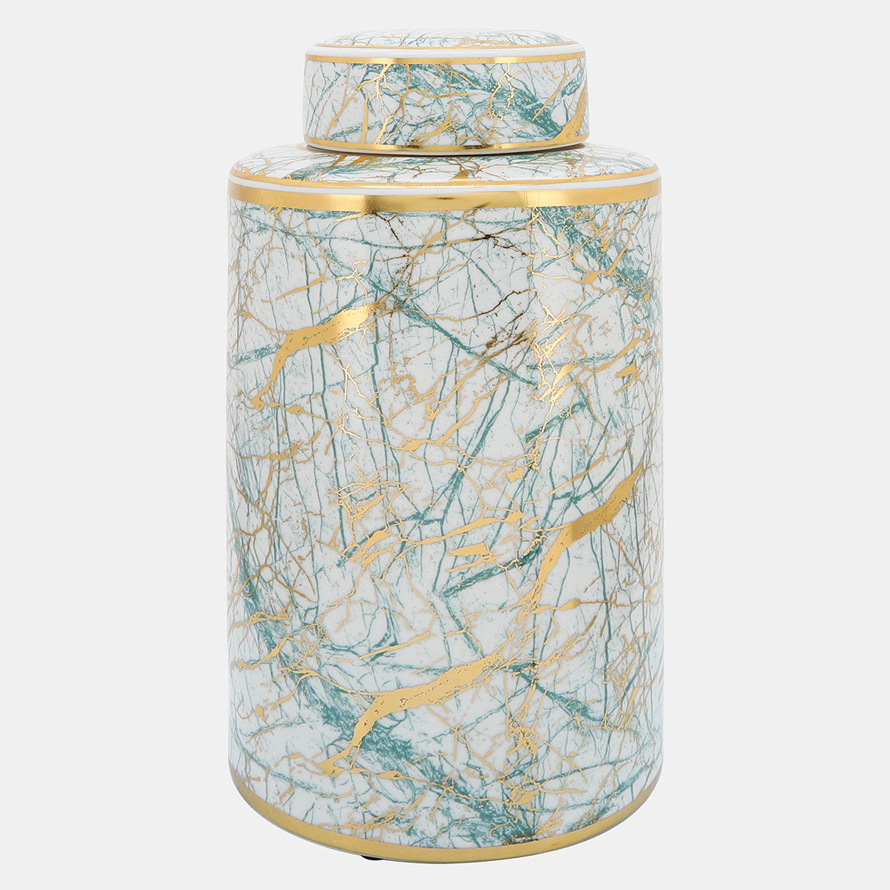 16" Ceramic Jar- Green/Gold
