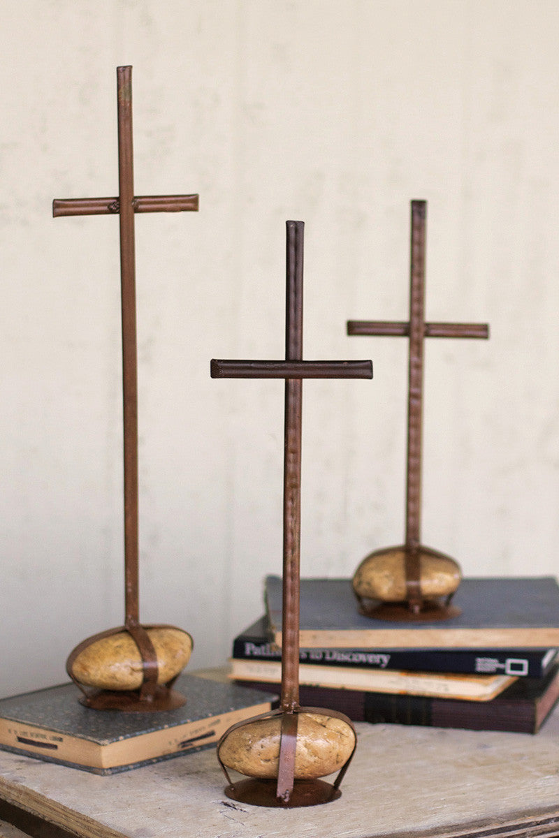 Set of 3 Metal Crosses with Rock Base