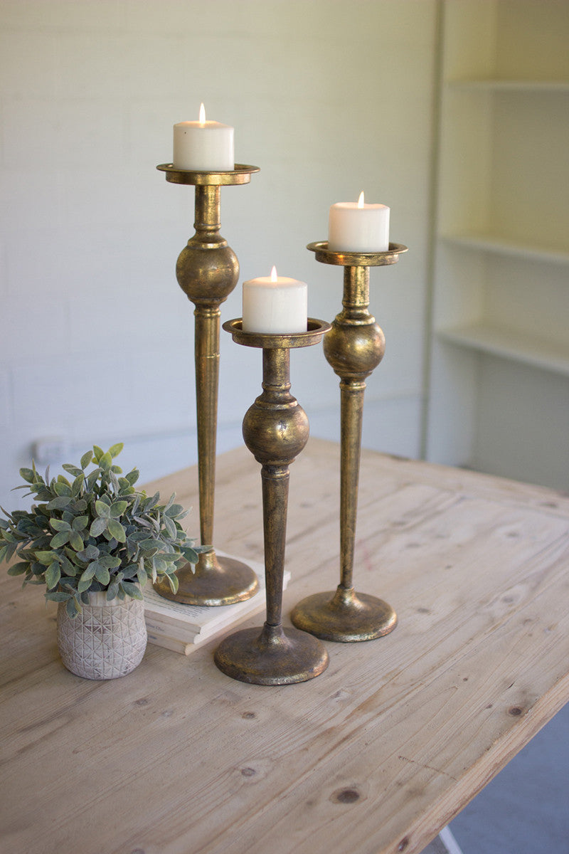 Set of 3 Antique Brass Candlesticks