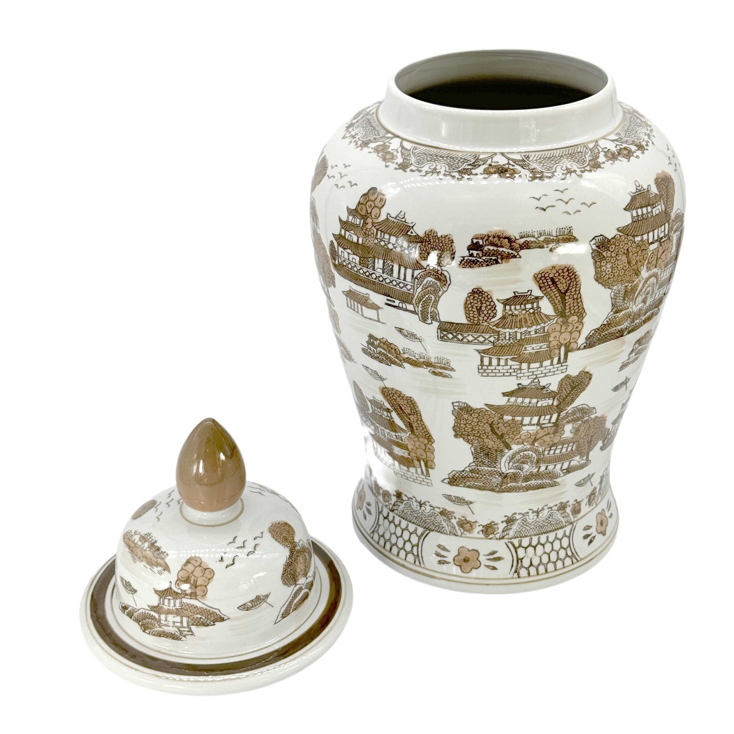 Brown & White Landscape Chinoiserie Ceramic Jar 25"