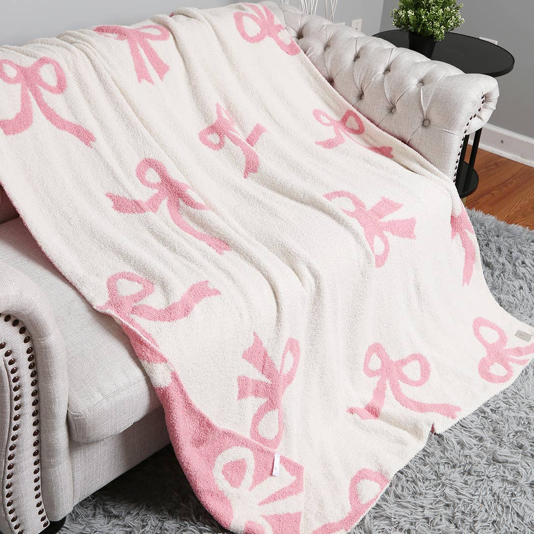 Bow Printed Cozy Soft Throw Blanket : Pink / ONE SIZE