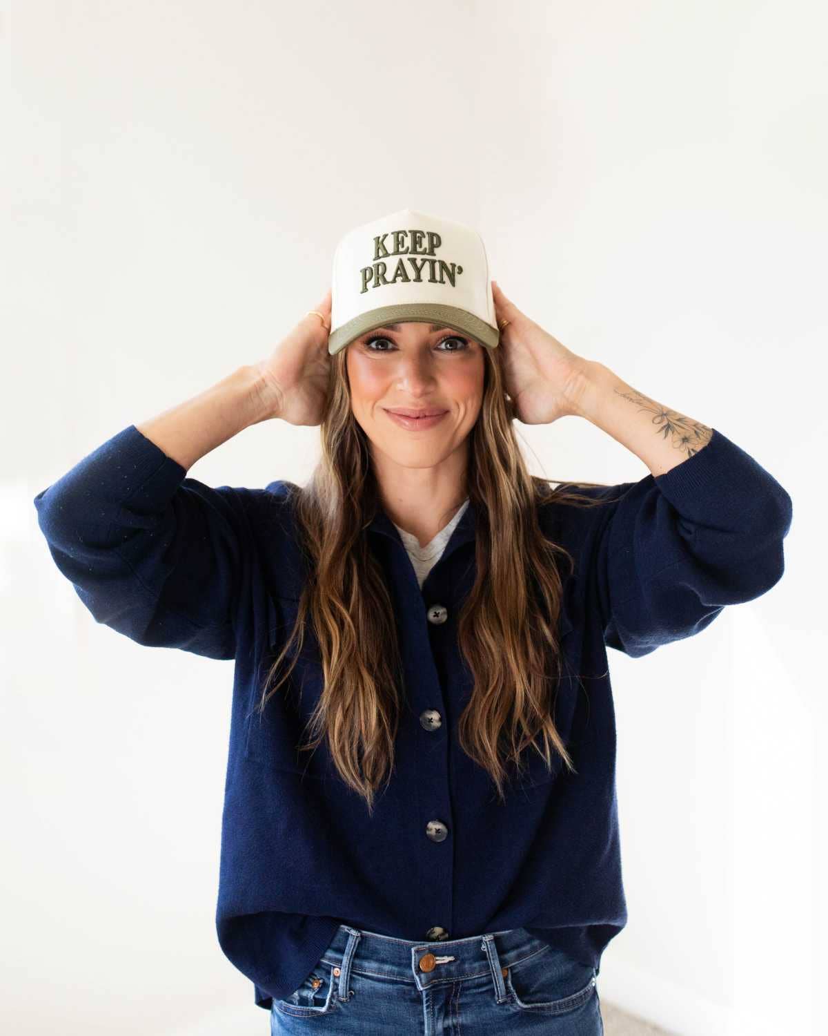 Keep Prayin' Unisex Christian Trucker Hat: Brown