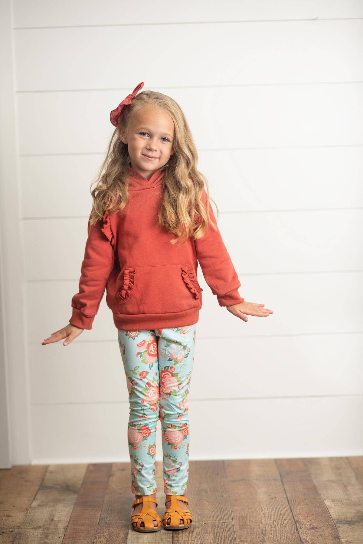 Kids Rust Pocket Ruffle Hoodie Shirt & Leggings Fall Set: 5/6
