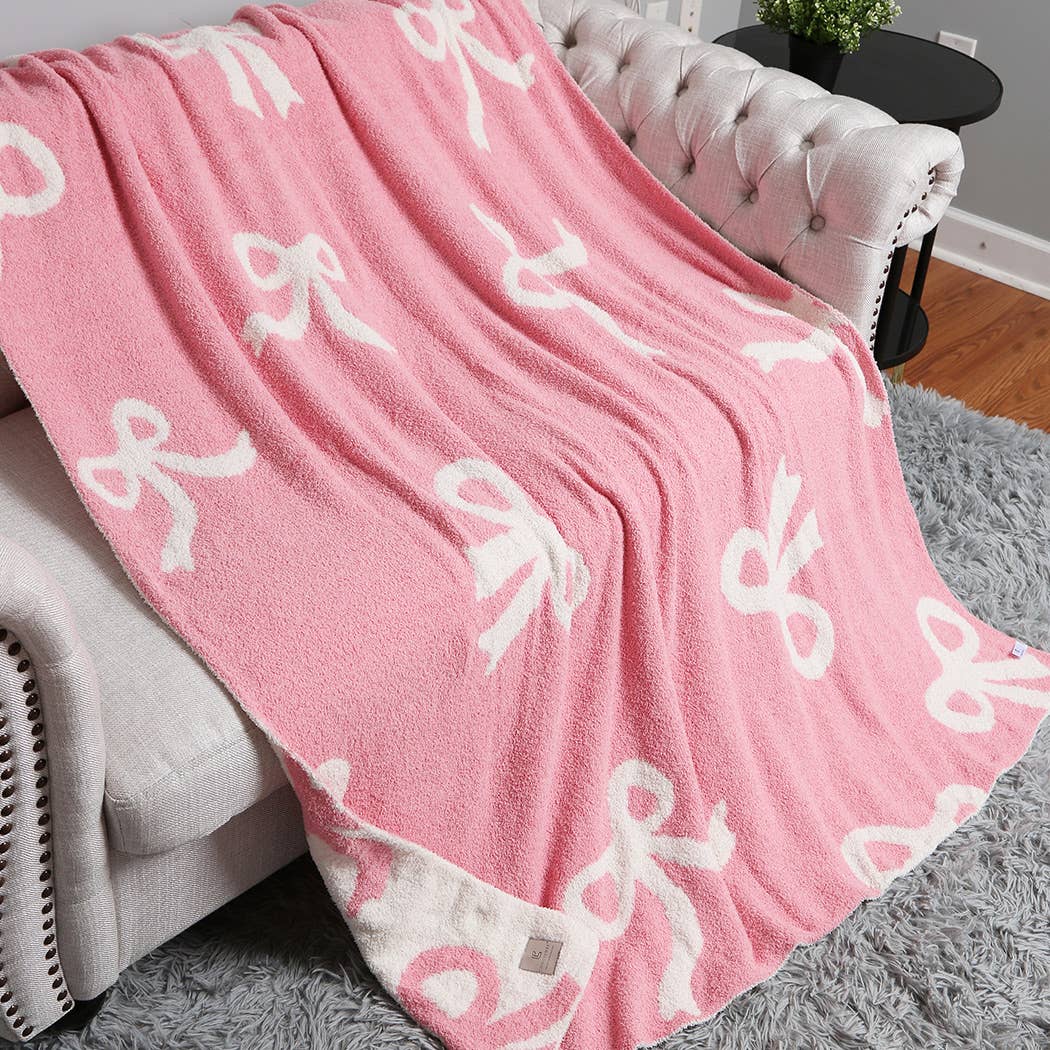 Bow Printed Cozy Soft Throw Blanket : Pink / ONE SIZE