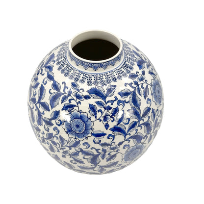 12" Dia Ceramic Globe Chinoiserie Vase Flowers & Home Decor: Blue & White