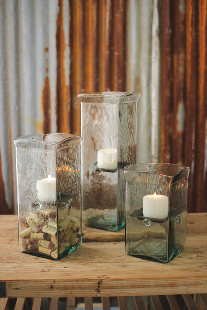 SQUARE CANDLE HURRICANE - LARGE: Clear / Glass/Metal / 6.5" x 6.5" x 19"t