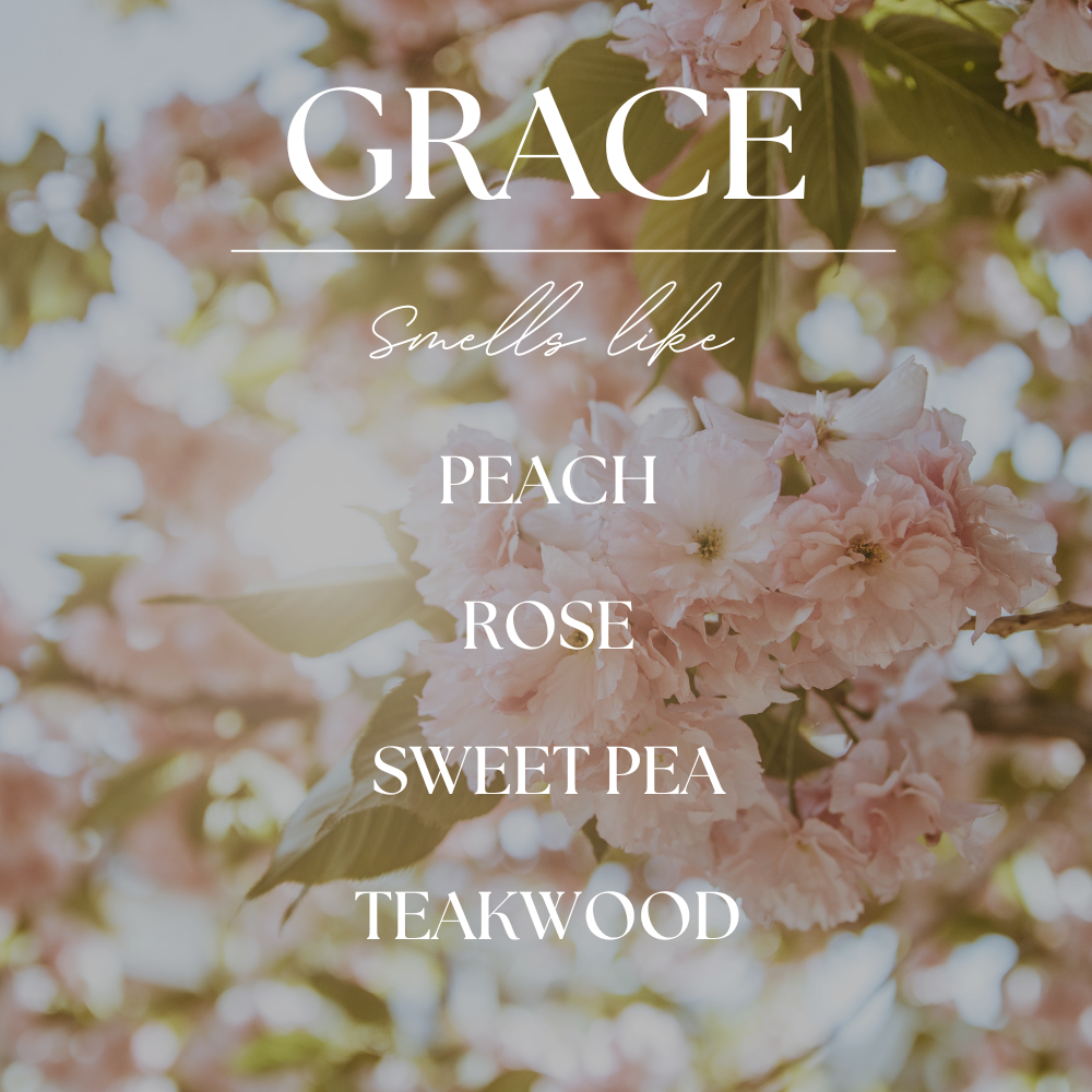 Grace | White Peach Blossom | 9 oz. Clear Jar Soy Candle: Natural Wood Lid