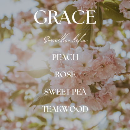 Grace | White Peach Blossom | 9 oz. Clear Jar Soy Candle: Natural Wood Lid