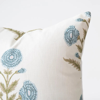 Flora Blue Zinnia Block Print Pillow Cover