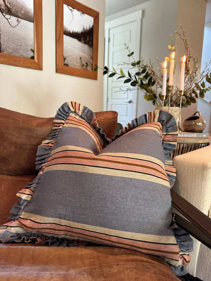 Foxy Blue Striped-Ruffle Pillow Cover: 22x22 Cover Only