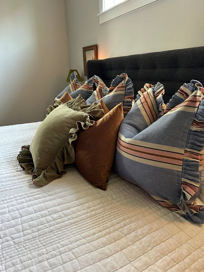 Foxy Blue Striped-Ruffle Pillow Cover: 22x22 Cover Only
