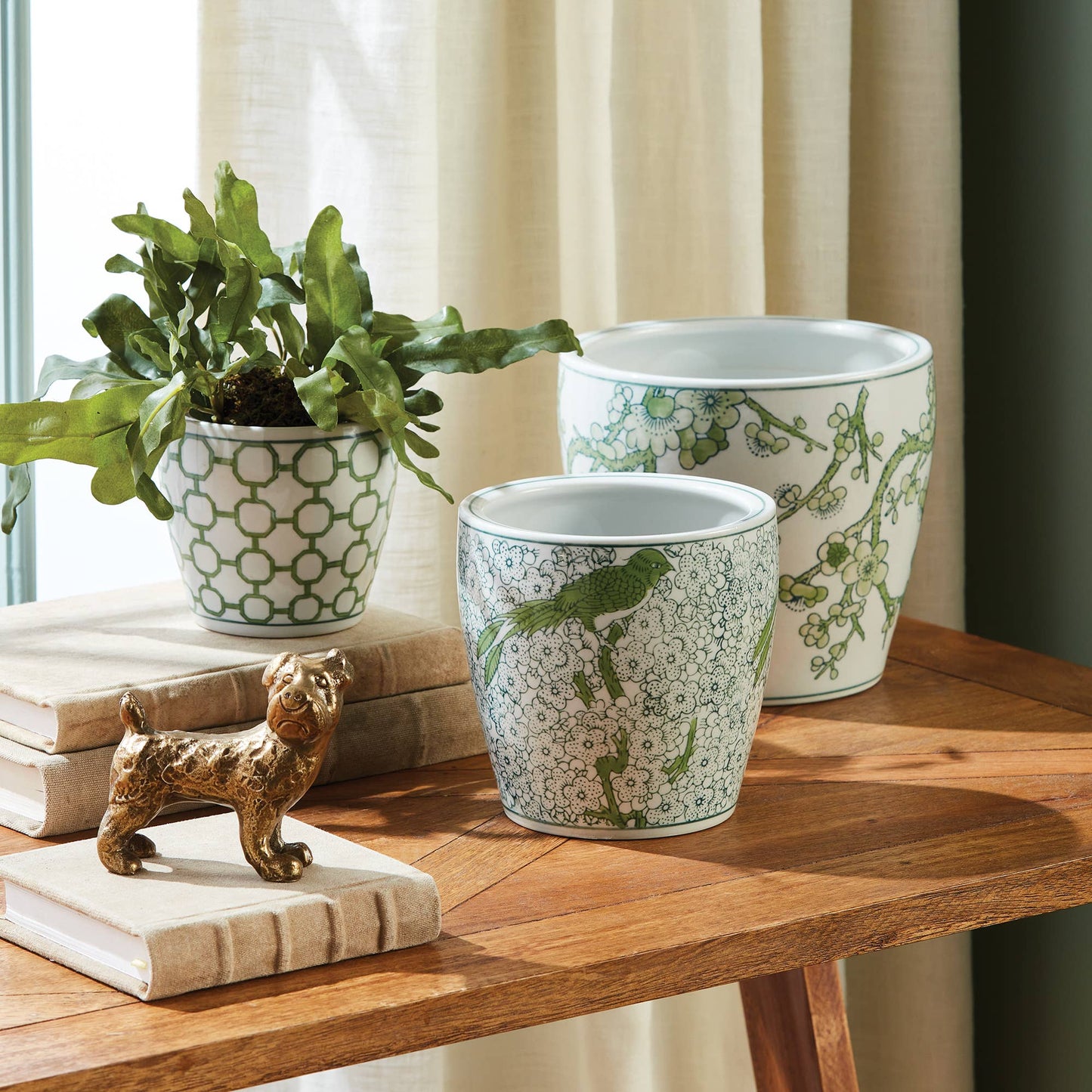 Imperial Flower Pots, Set Of 3: Green/White / Ceramic