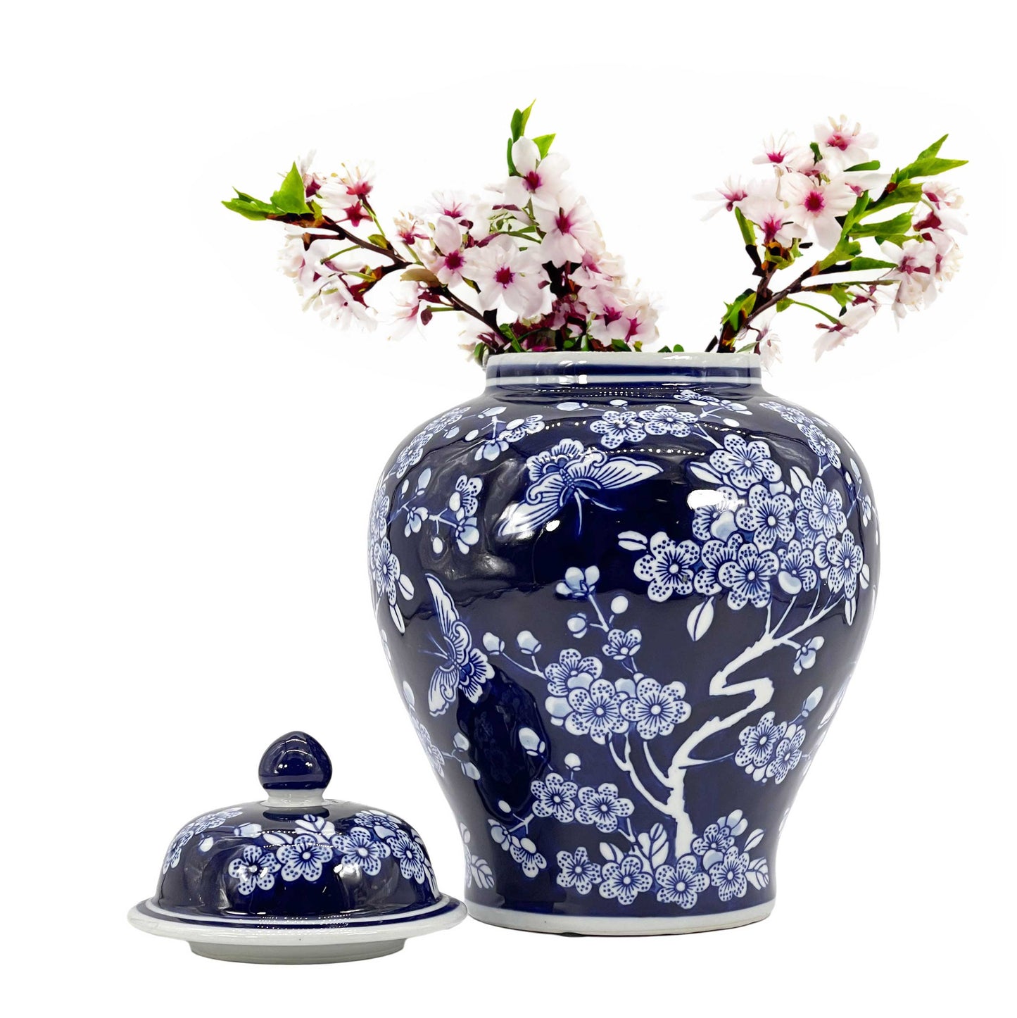 Floral Chinoiserie Ceramic Ginger Jar 12": Classic Blue & White