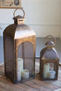 SET OF TWO ANTIQUE BRONZE LANTERNS WITH WIRE SCREEN: Brown / Metal / Large: 9" x 9" x 28"t;  
Small: 7" x 7" x 17"t