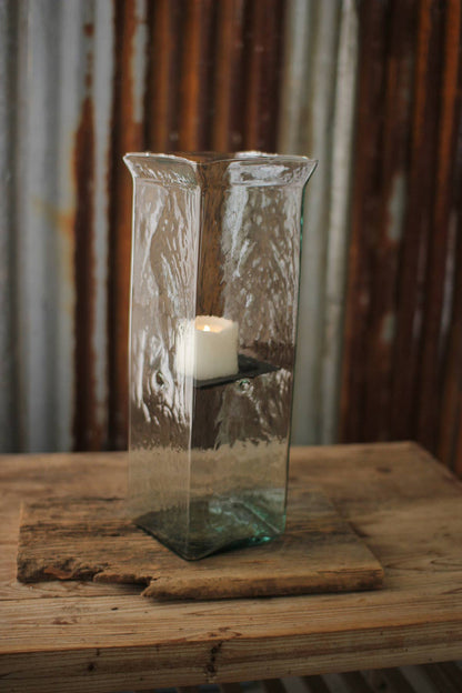 SQUARE CANDLE HURRICANE - LARGE: Clear / Glass/Metal / 6.5" x 6.5" x 19"t