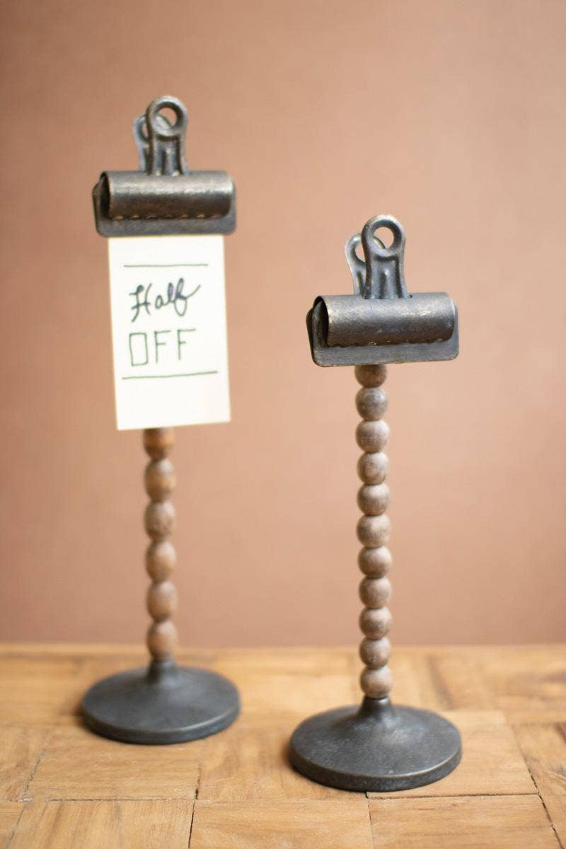 SET OF TWO WOOD BEADS ON A BASE WITH CLIPS: Multi / Wood/Metal / Large: 4" x 4" x 13.5"t; 
Small: 4" x 4" x 11"t