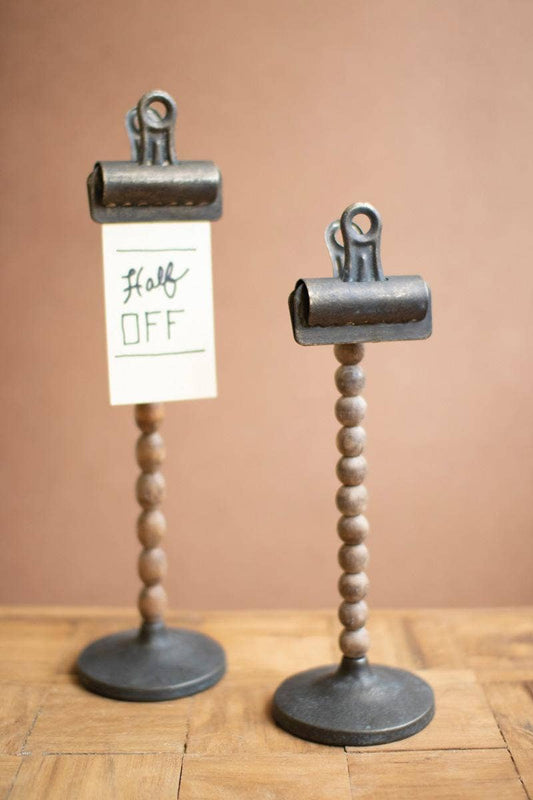 SET OF TWO WOOD BEADS ON A BASE WITH CLIPS: Multi / Wood/Metal / Large: 4" x 4" x 13.5"t; 
Small: 4" x 4" x 11"t