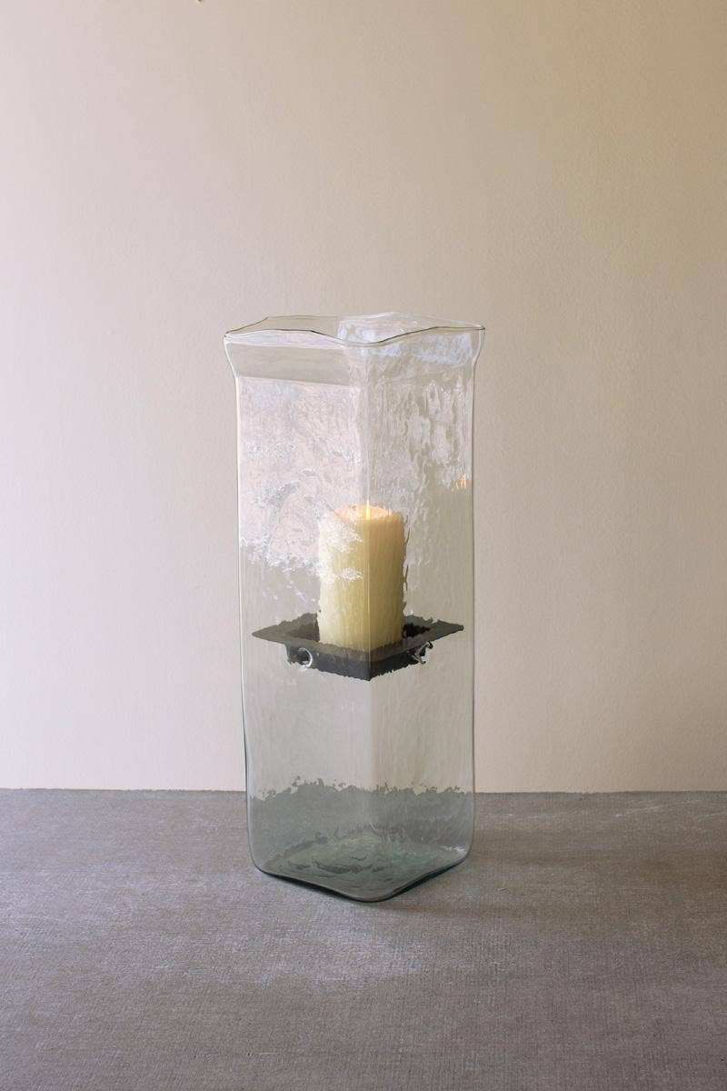 SQUARE CANDLE HURRICANE - LARGE: Clear / Glass/Metal / 6.5" x 6.5" x 19"t