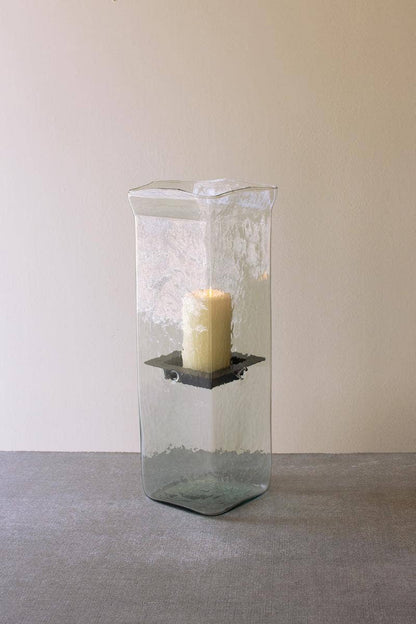 SQUARE CANDLE HURRICANE - LARGE: Clear / Glass/Metal / 6.5" x 6.5" x 19"t