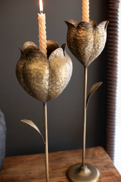 SET OF TWO ANTIQUE BRASS TULIP TAPER CANDLE HOLDERS: Gold / Metal / Large: 5" x 5.5" x 20.5"t; 
Small: 5" x 4.75" x 19"t