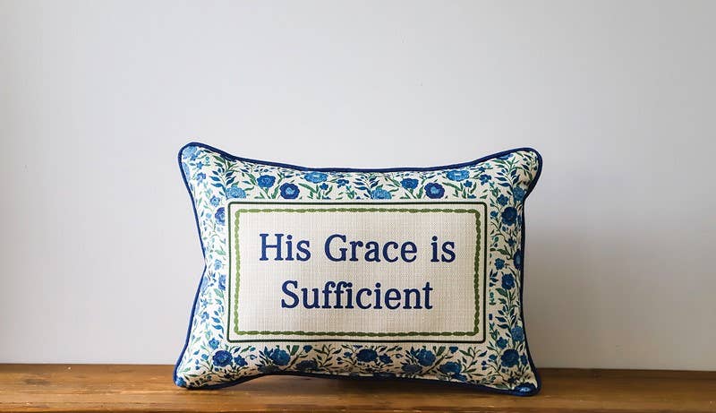 His Grace is Sufficient Floral Piped Pillow
