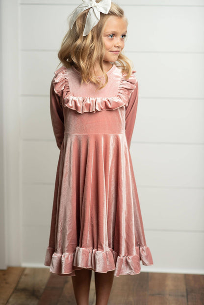 Kids Pink Velvet Ruffle Fancy Winter Christmas Holiday Dress: 5/6