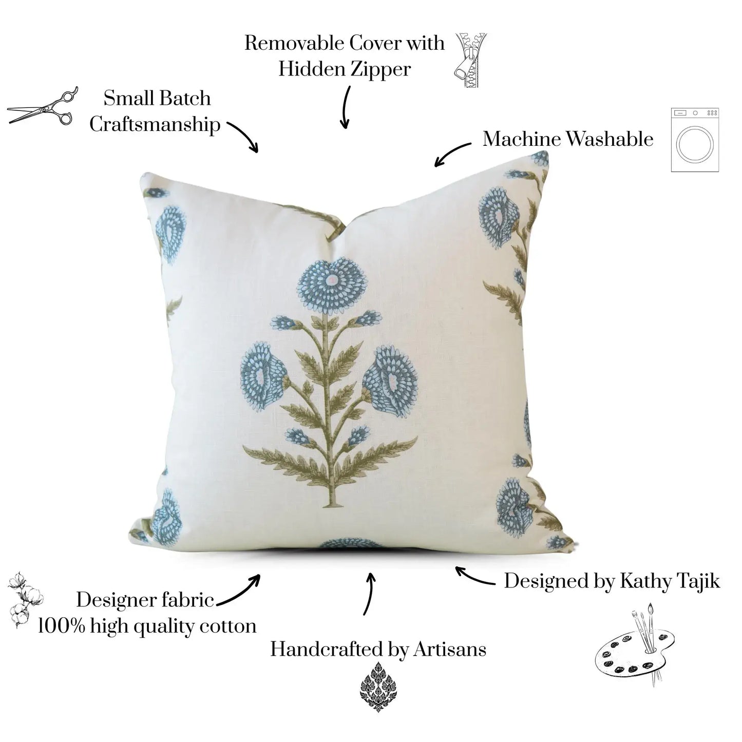 Flora Blue Zinnia Block Print Pillow Cover