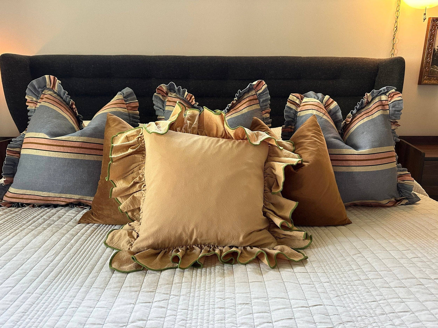 Foxy Blue Striped-Ruffle Pillow Cover: 22x22 Cover Only