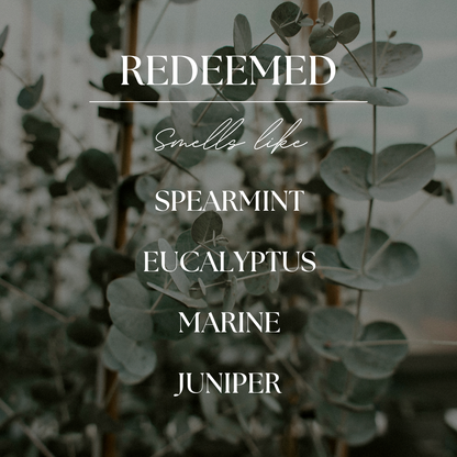 Redeemed | Eucalyptus & Mint | 9 oz. Clear Jar Soy Candle: Natural Wood Lid