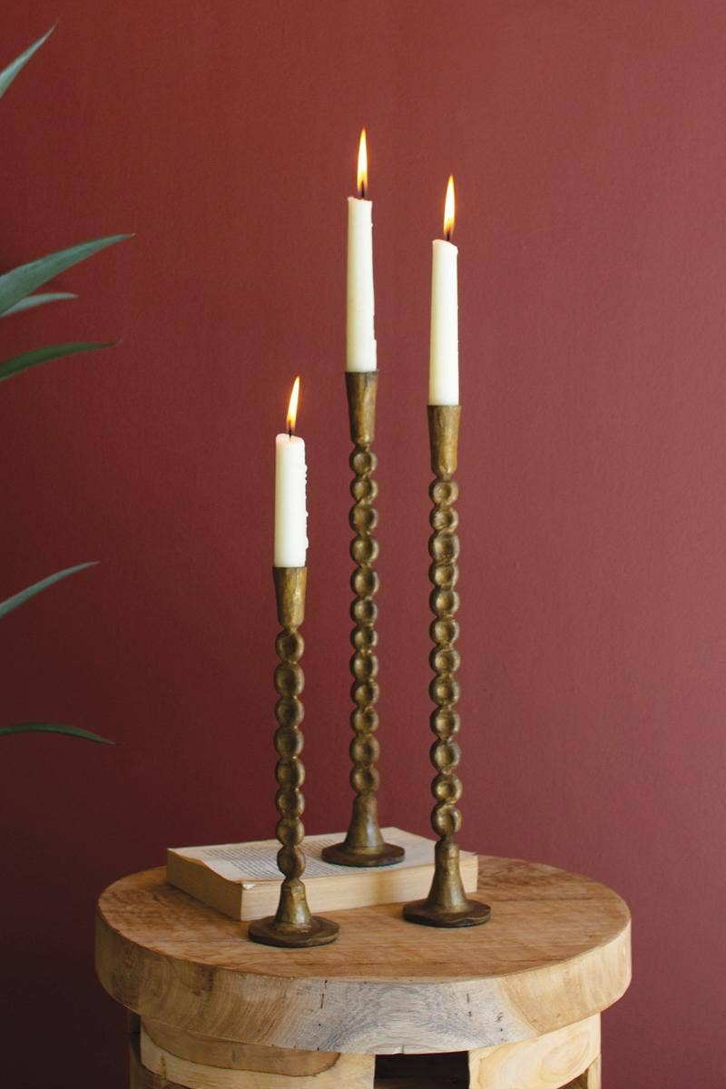 SET OF THREE ANTIQUE BRASS TAPER CANDLE HOLDER: Gold / Iron / Large (2): 2.5"d x 14.5"t;  
Small: 2.5"d x 10.25"t