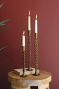 SET OF THREE ANTIQUE BRASS TAPER CANDLE HOLDER: Gold / Iron / Large (2): 2.5"d x 14.5"t;  
Small: 2.5"d x 10.25"t