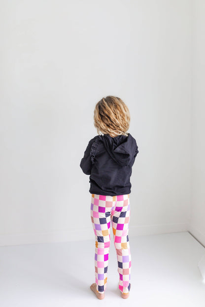 Kids Dark Gray Ruffle Hoodie & Checkered Leggings Fall Set: 7/8