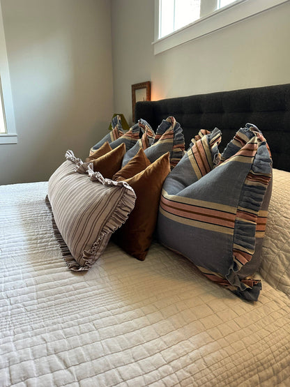 Foxy Blue Striped-Ruffle Pillow Cover: 22x22 Cover Only