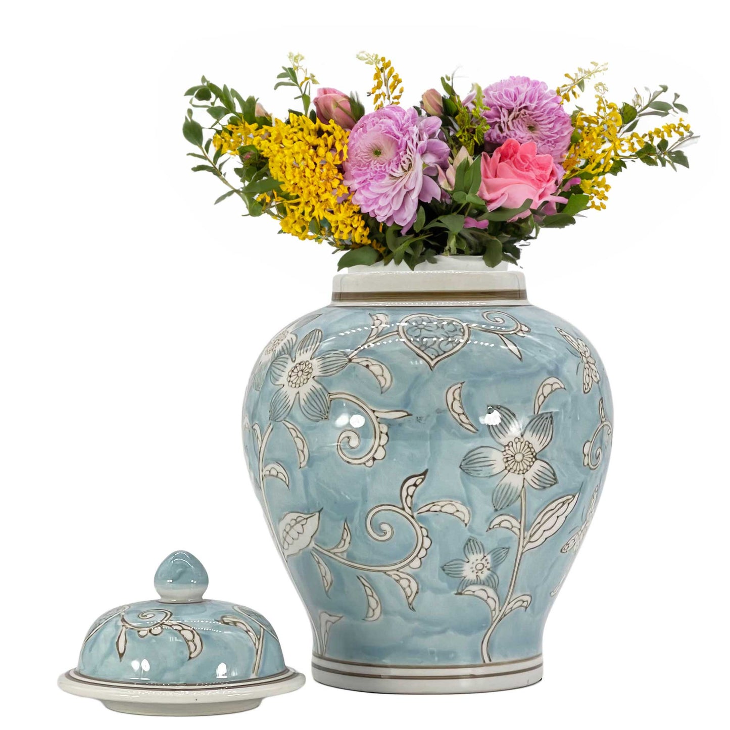 Floral Chinoiserie Ceramic Ginger Jar 12": Classic Blue & White