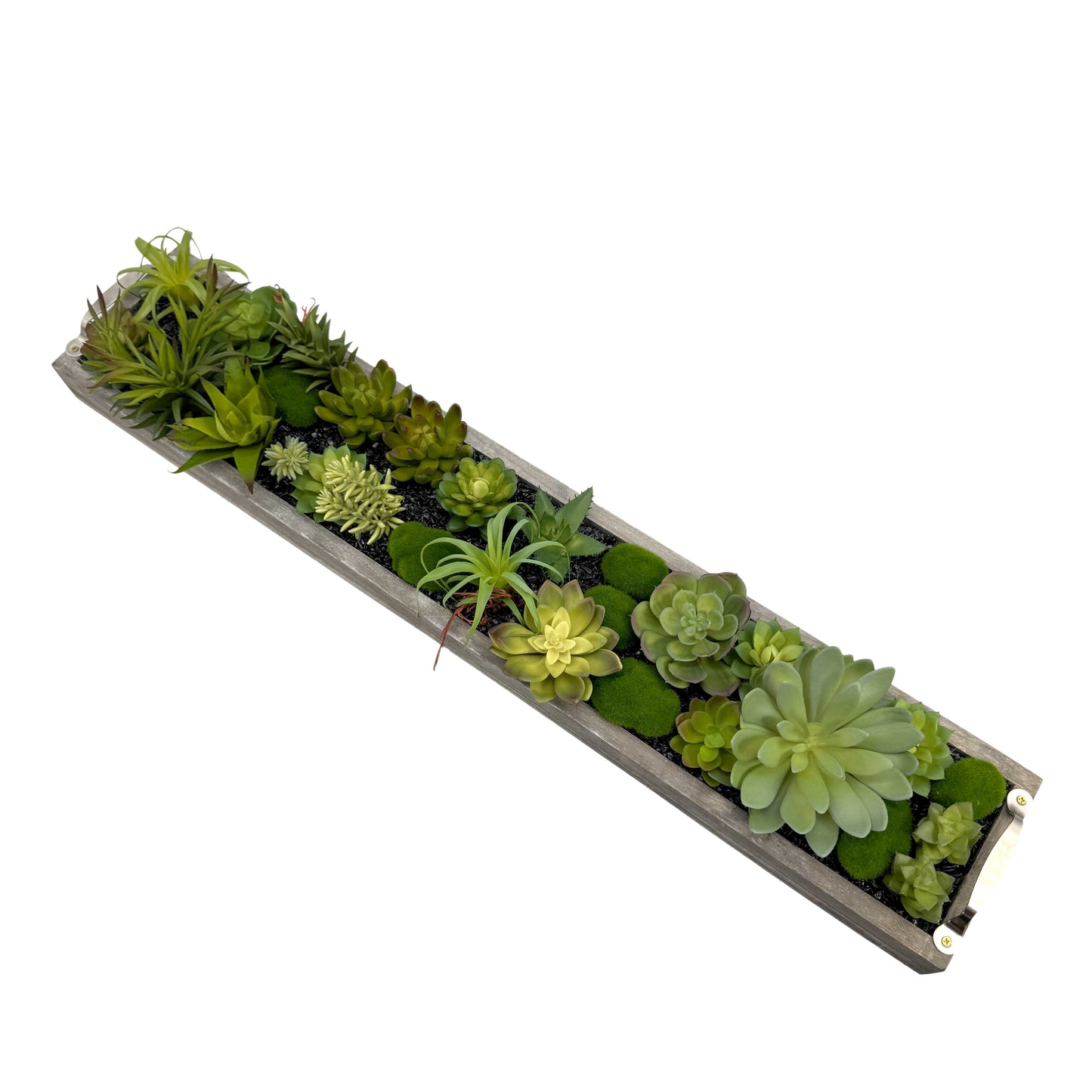 Faux Succulents in 31" Wooden Tray with Handles Black Rocks