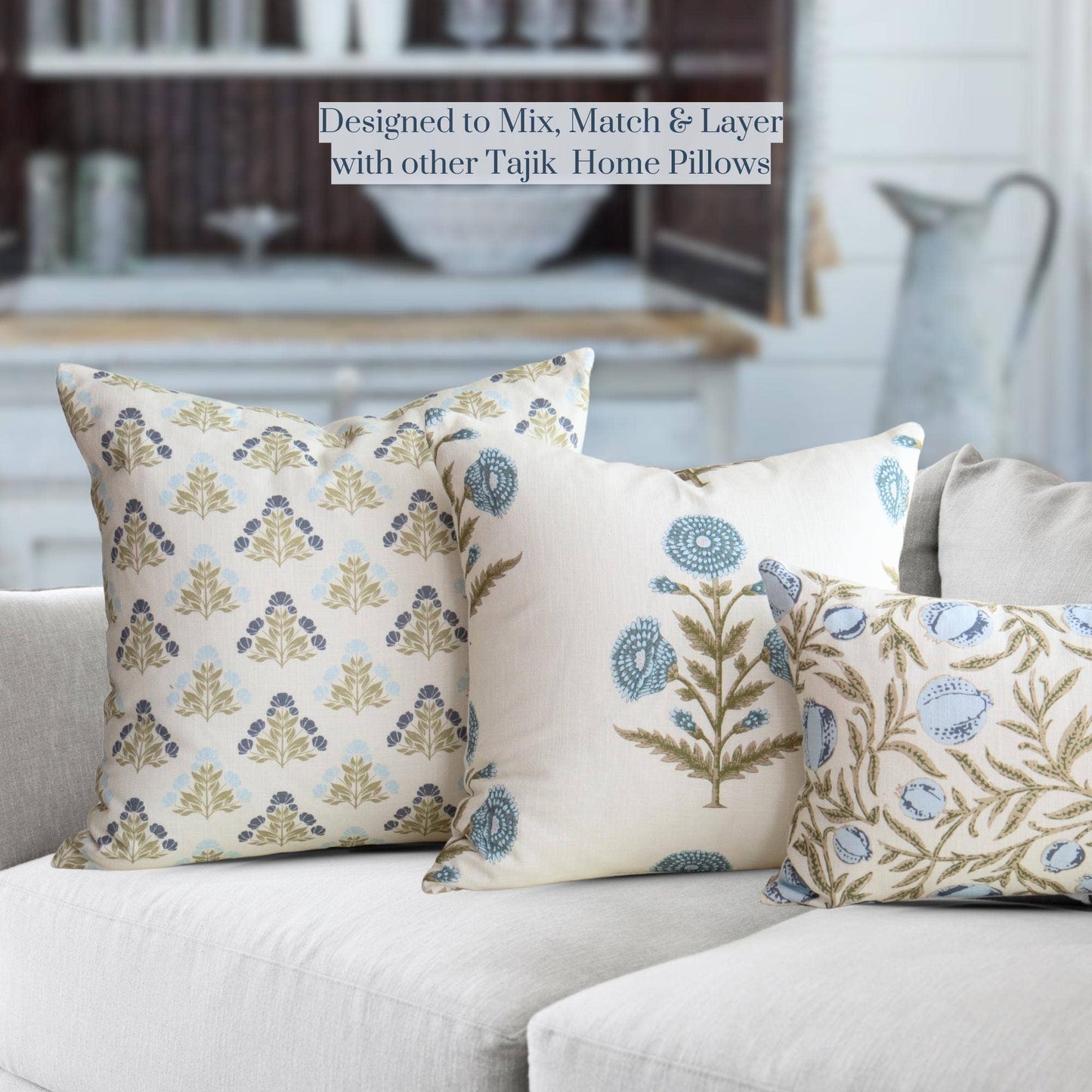 Flora Blue Zinnia Block Print Pillow Cover