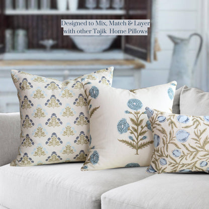 Flora Blue Zinnia Block Print Pillow Cover
