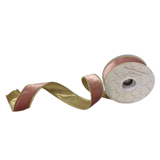 Rose/Pink Velvet Ribbon w/ Light Gold Lame Back 1.5" x 10yd