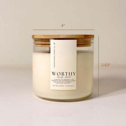 Worthy | Volcanic Island | 15 oz. Clear Jar Soy Candle: Natural Wood Lid