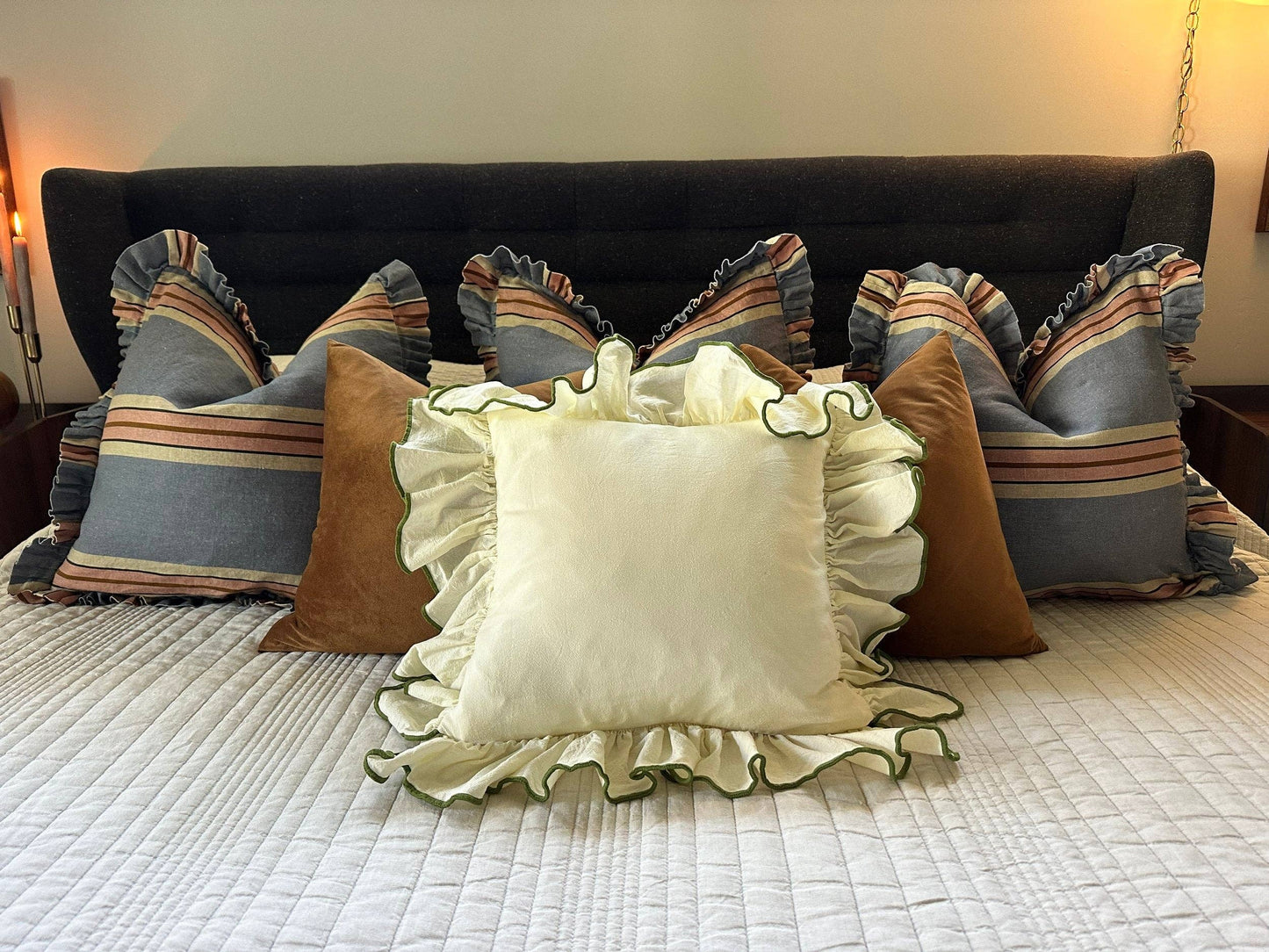 Foxy Blue Striped-Ruffle Pillow Cover: 22x22 Cover Only