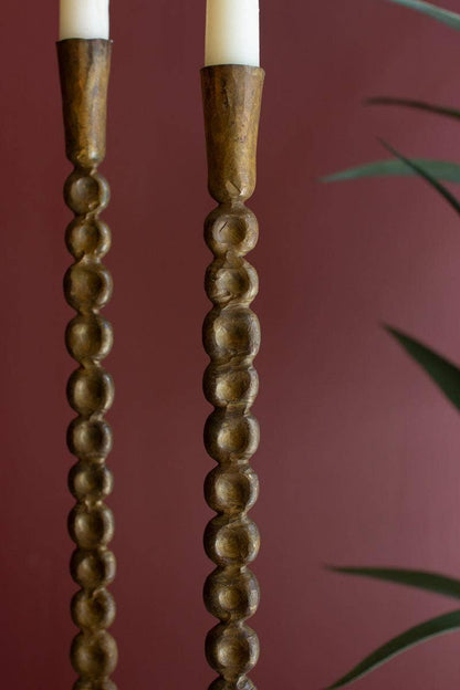 SET OF THREE ANTIQUE BRASS TAPER CANDLE HOLDER: Gold / Iron / Large (2): 2.5"d x 14.5"t;  
Small: 2.5"d x 10.25"t