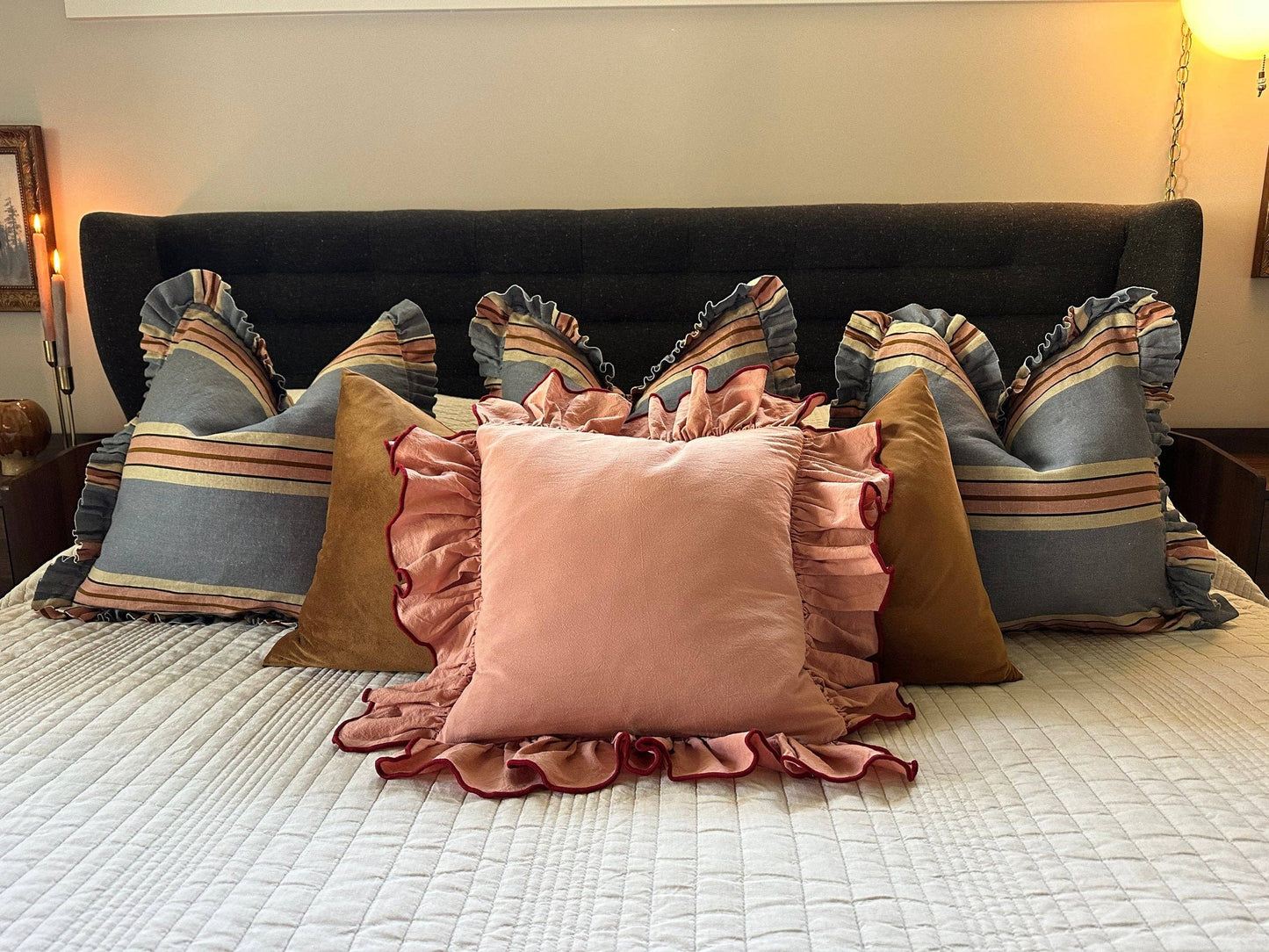 Foxy Blue Striped-Ruffle Pillow Cover: 22x22 Cover Only