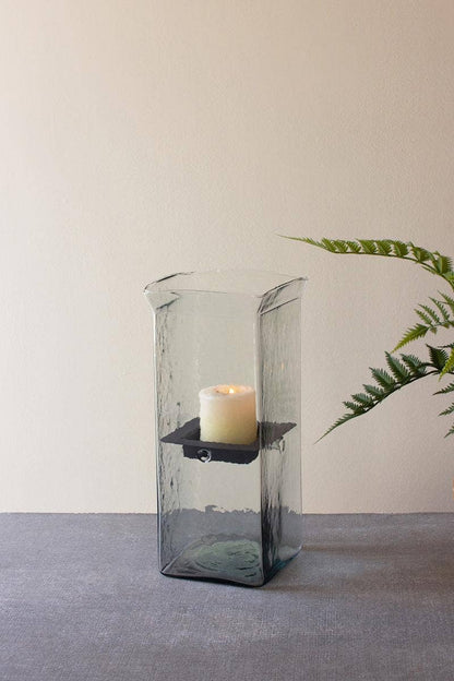 SQUARE CANDLE HURRICANE - MEDIUM: Clear / Glass/Metal / 6.5" x 6.5" x 15"t