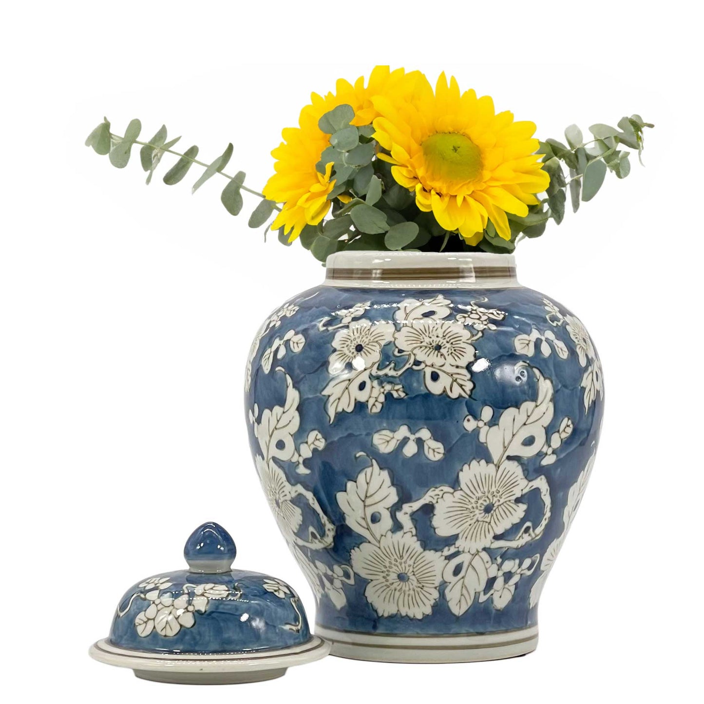 Floral Chinoiserie Ceramic Ginger Jar 12": Classic Blue & White