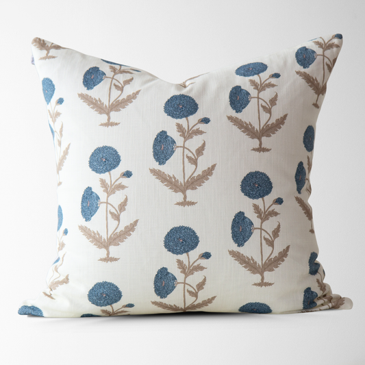 Daisy Blue Floral Block Print Pillow Cover