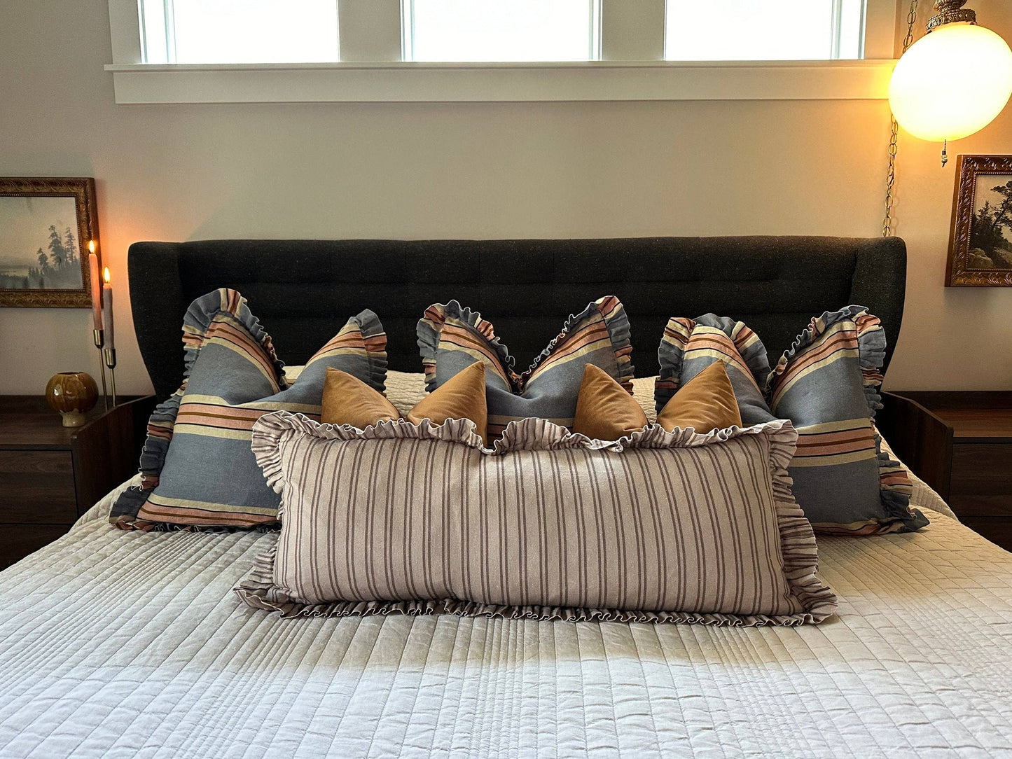 Foxy Blue Striped-Ruffle Pillow Cover: 22x22 Cover Only