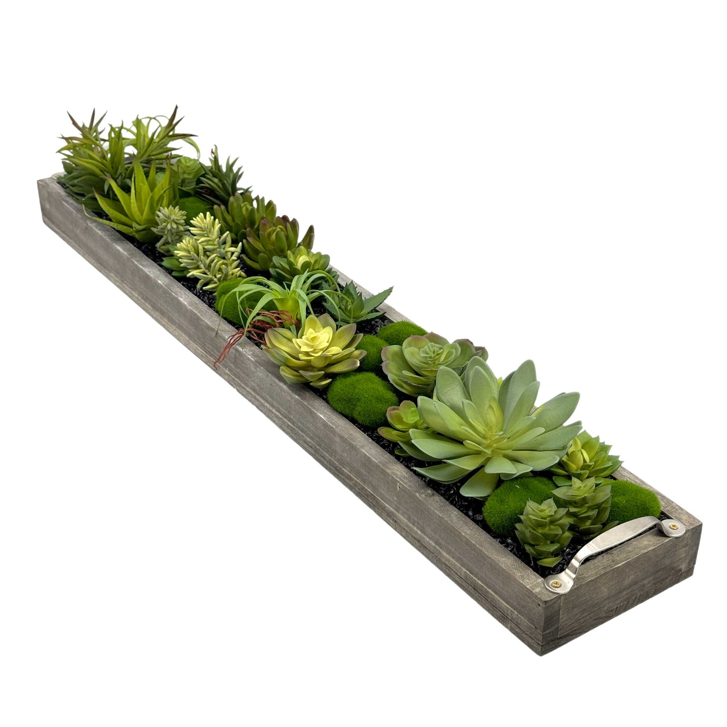 Faux Succulents in 31" Wooden Tray with Handles Black Rocks