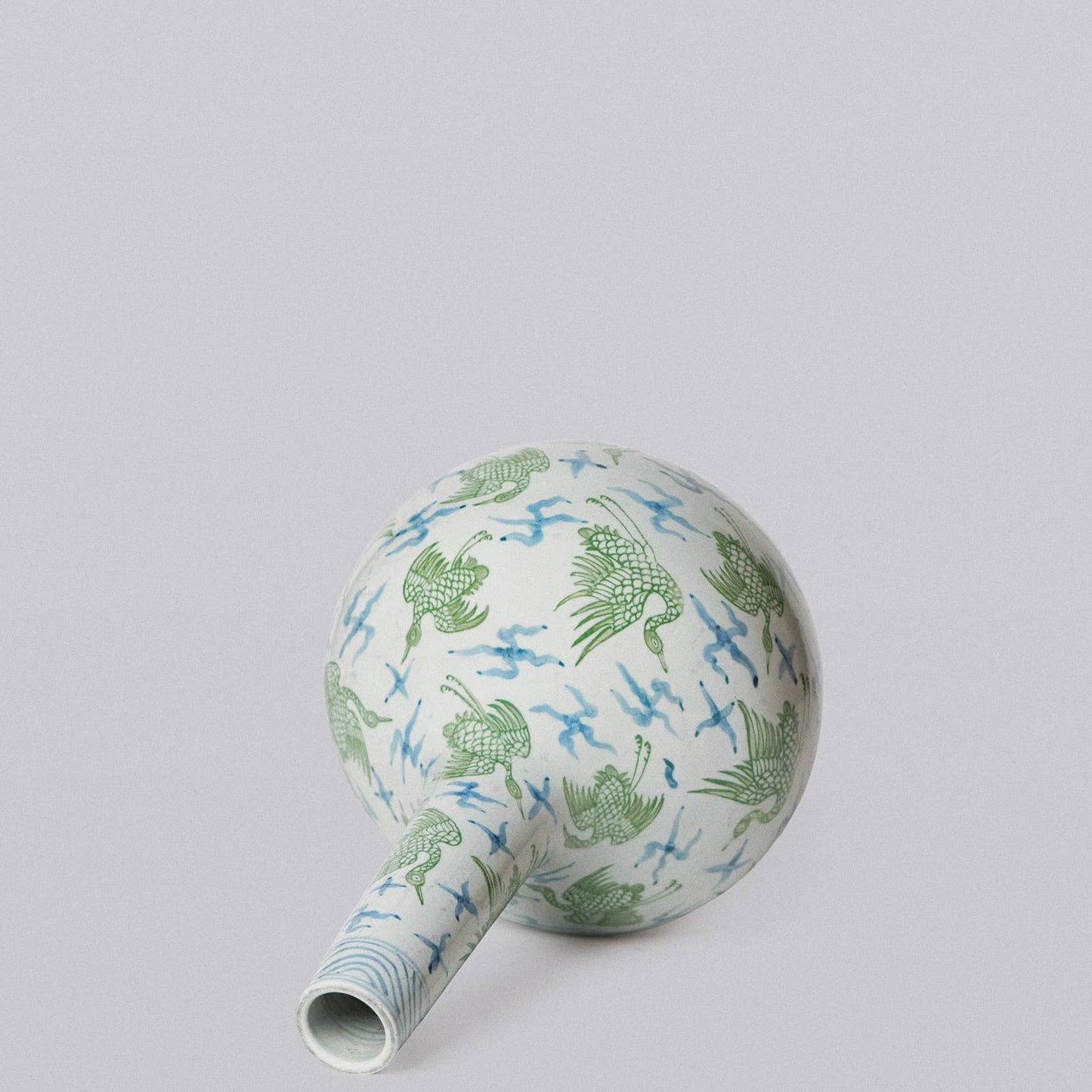Green and Blue Porcelain Cranes and Clouds Globe Vase