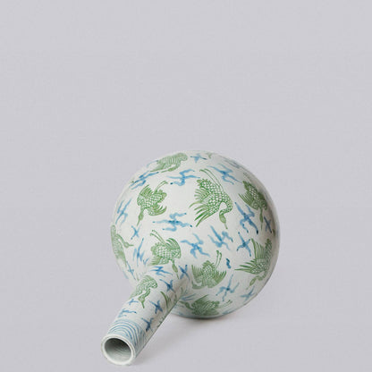 Green and Blue Porcelain Cranes and Clouds Globe Vase