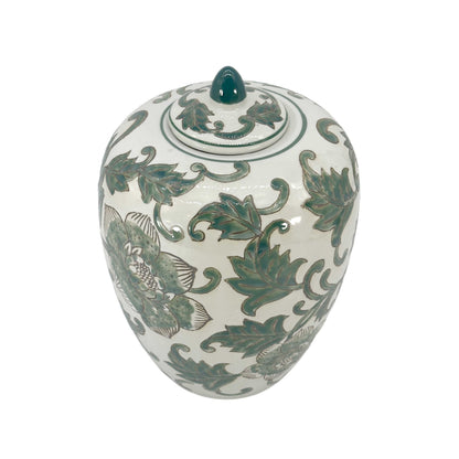 Green & White Floral Ceramic Chinoiserie Ginger Jar 11"